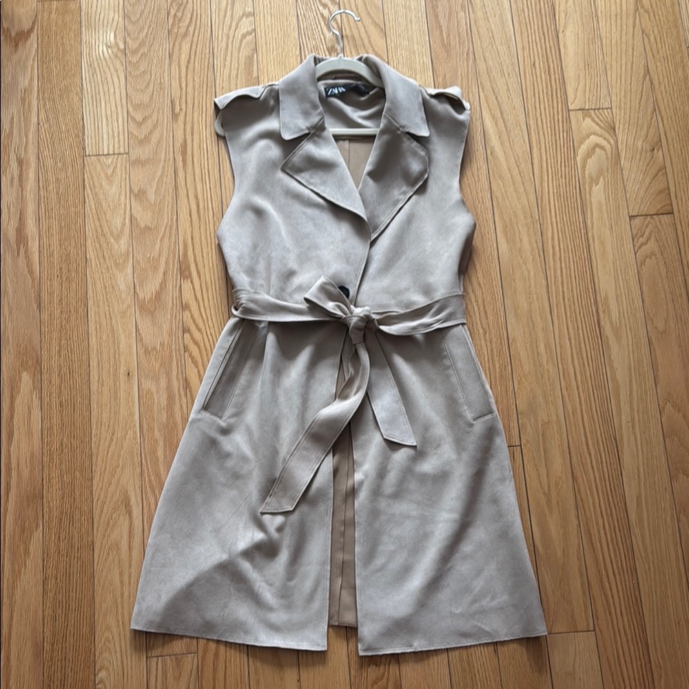 Zara Tan Sleeveless Suede Long Vest with Notched Collar